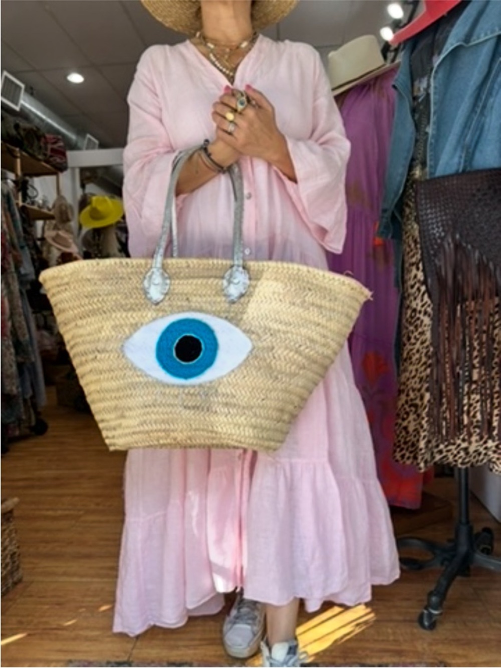 Straw Tote with Blue Eye Motif and Silver Handles